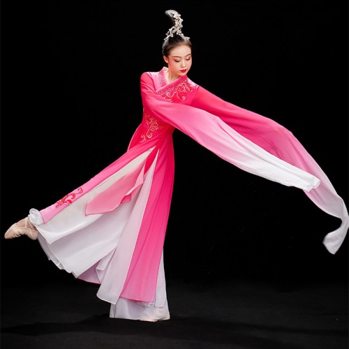 Chinese folk dance dress  for women girls fuchsia gradient colored waterfall Sleeves cassical fairy dance dress elegant Han Tang princess empress classical dance costumes
